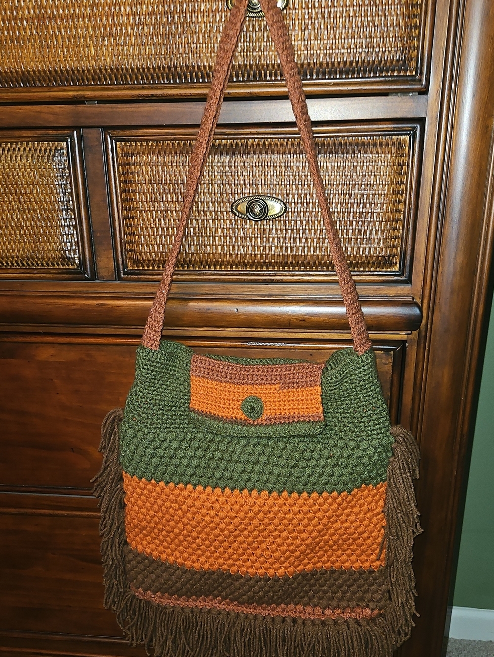 Handmade Handcrafted Green and Orange Crochet Fringe Shoulder Bag 14Hx14L